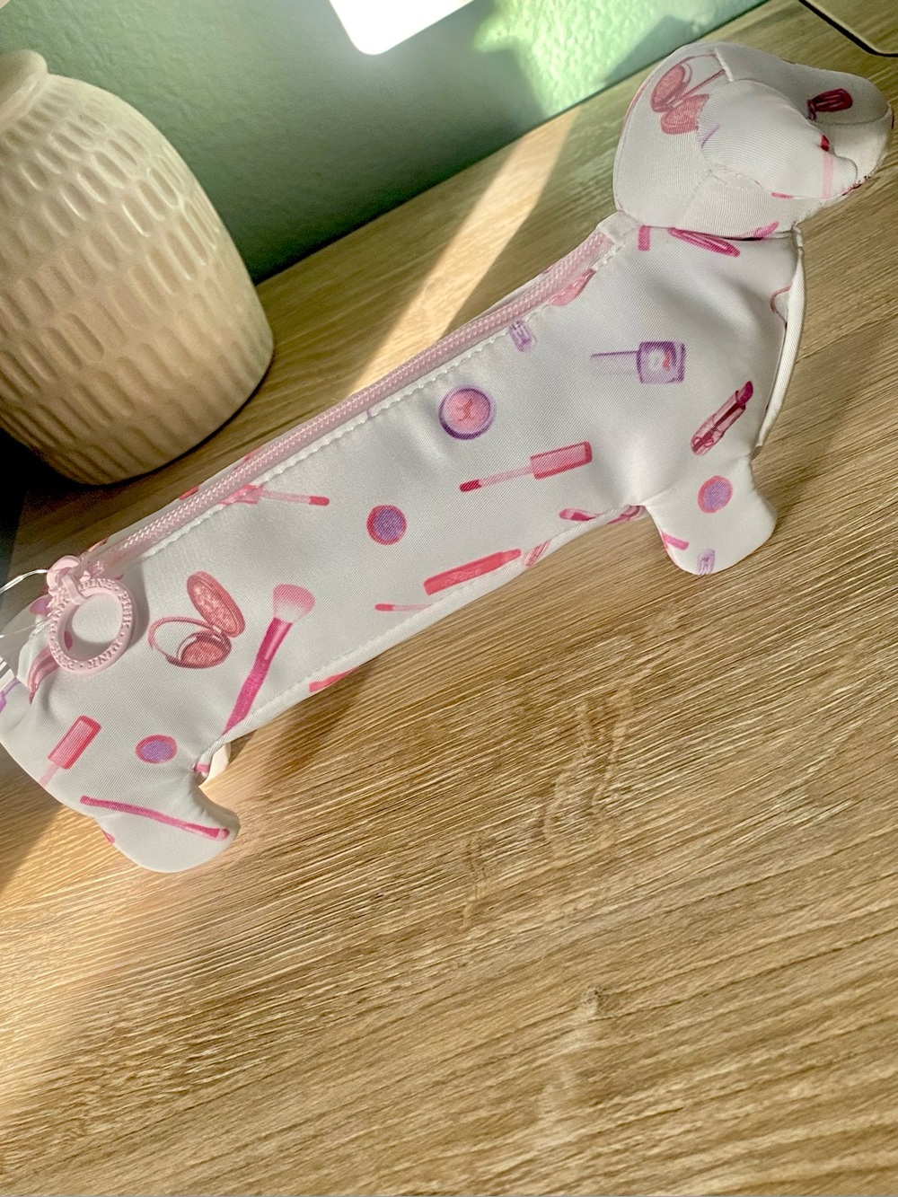 Victoria's Secret White Dachshund Cosmetic Pouch with Pink Makeup Print